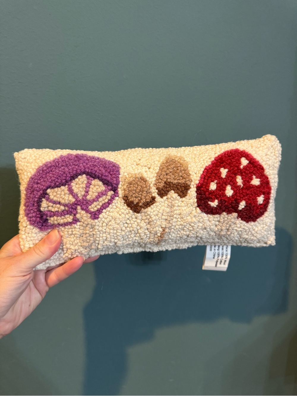 Mushroom Hooked Pillow - Cream with Purple, Brown, Red Accents